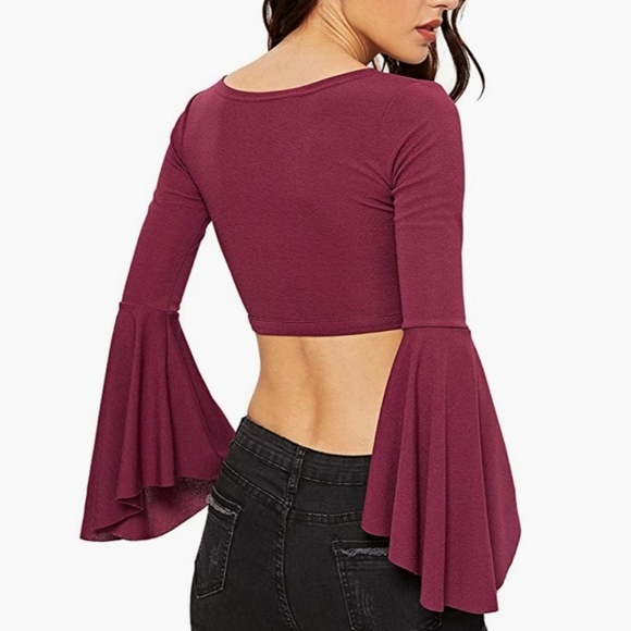 Shein Wine Bell Sleeve Waist Tie Surplice Front Crop Top Size L - Picture 4 of 8